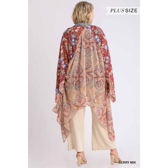 Umgee Sheer Long Paisley Floral Boho Kimono in Berry Mix Plus Size XL/1XL - Picture 2 of 16